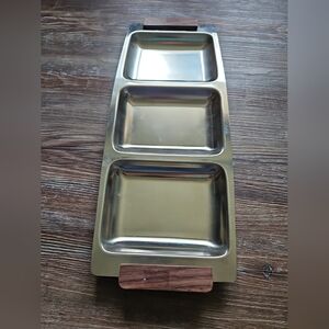 Vintage MCM 18-8 Stainless Steel and Teak Handle Serving Tray Made In Japan